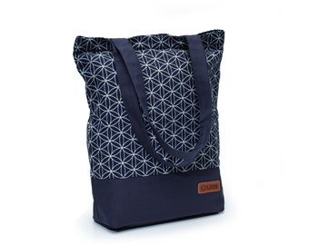 LEON borsa shopping borsa secchiello borsa in tessuto shopper tote bag cotone tasca interna tasca esterna 6 disegni panno blu