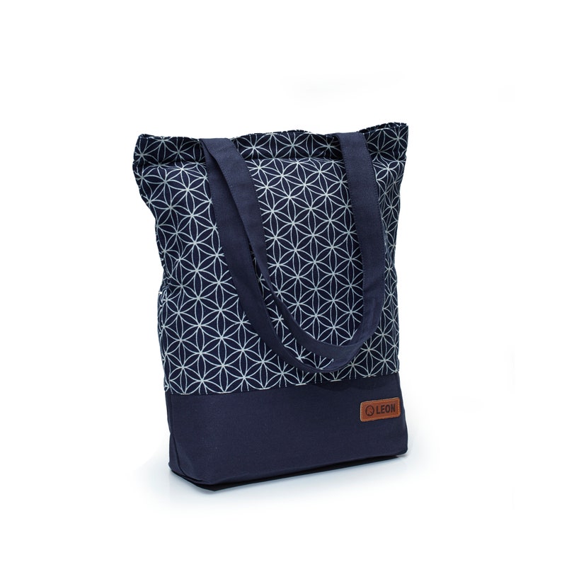 LEON Einkaufstasche Beuteltasche Stofftasche Shopper Tote Bag Baumwolle Innentasche Außentasche 6 Designs blaues Tuch Bild 1