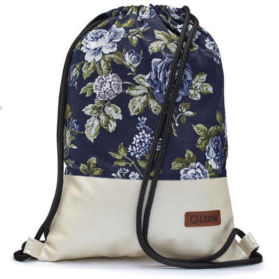 Gym bag backpack bag LEON by Bers daypack cotton gym bag rose blue-beige, bottom ivory metallic