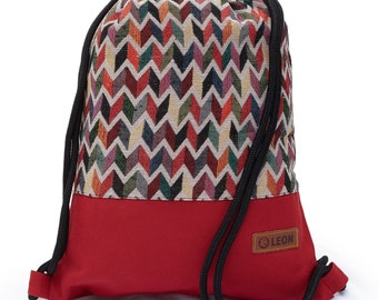 Turnbeutel Rucksack Tasche LEON by Bers Sportbeutel Baumwolle  gym bag BOHOrotbraunbeigezikzak