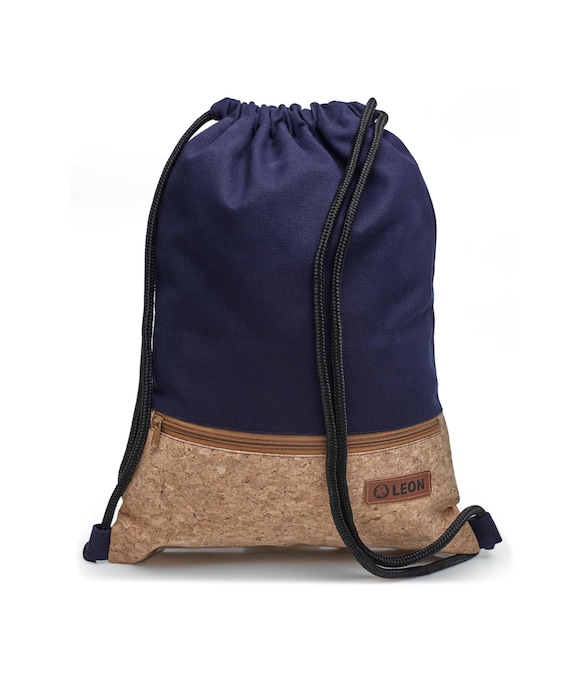 LEON by Bers drawstring bag, backpack, daily bag, cotton with cork coating, gym bag, approx. 34 cm wide, approx. 45 cm high, zipper, blue