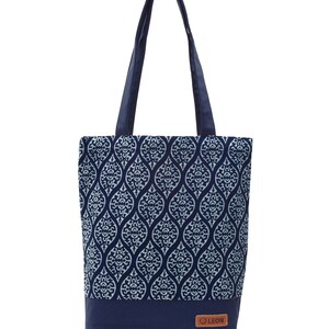 LEON Einkaufstasche Beuteltasche Stofftasche Shopper Tote Bag Baumwolle Innentasche Außentasche 6 Designs blaues Tuch BlauWeissWellen
