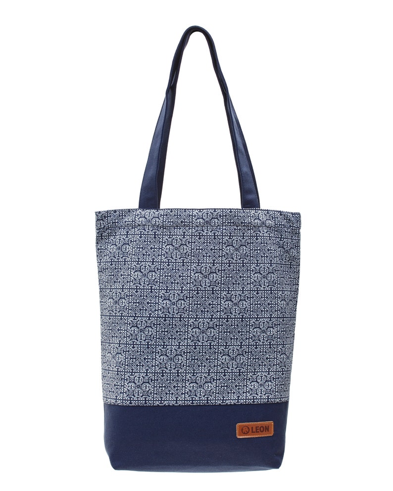 LEON Einkaufstasche Beuteltasche Stofftasche Shopper Tote Bag Baumwolle Innentasche Außentasche 6 Designs blaues Tuch BlauWeissKreuze