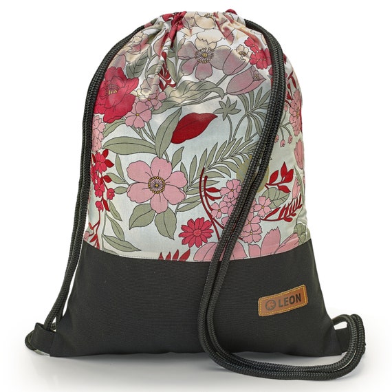 LEON by Bers bag gym bag backpack sports bag cotton gym bag width 34 cm height 45 cm, pink grey flowers on white, black fabric bottom