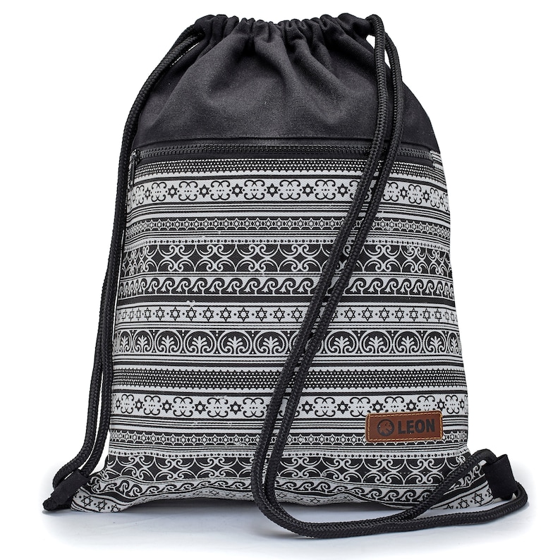 LEON by Bers Tasche Turnbeutel Rucksack Tagesrucksack Baumwolle gymbag 34 cm x 45 cm Schwarzweiß Blumen Muster, Star&wave Schw. Unterteil Bild 1