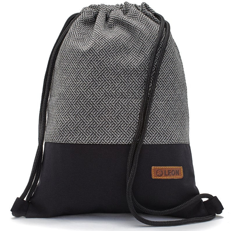 LEON by Bers Tasche Turnbeutel Rucksack Tagesrucksack Baumwolle gym bag Breite ca.34 cm Höhe ca.45 cm Design Labyr Schwarz/Weiß zdjęcie 1