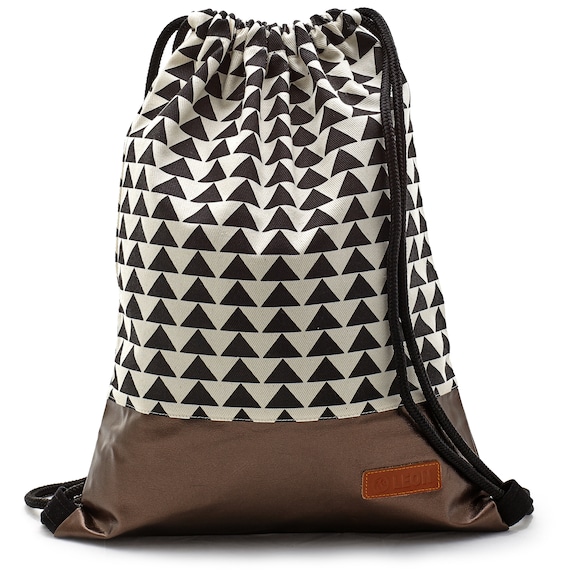 LEON by Bers drawstring bag, backpack, sports bag, cotton gym bag, approx. 34 cm wide, approx. 45 cm high, design: triangles with copper base