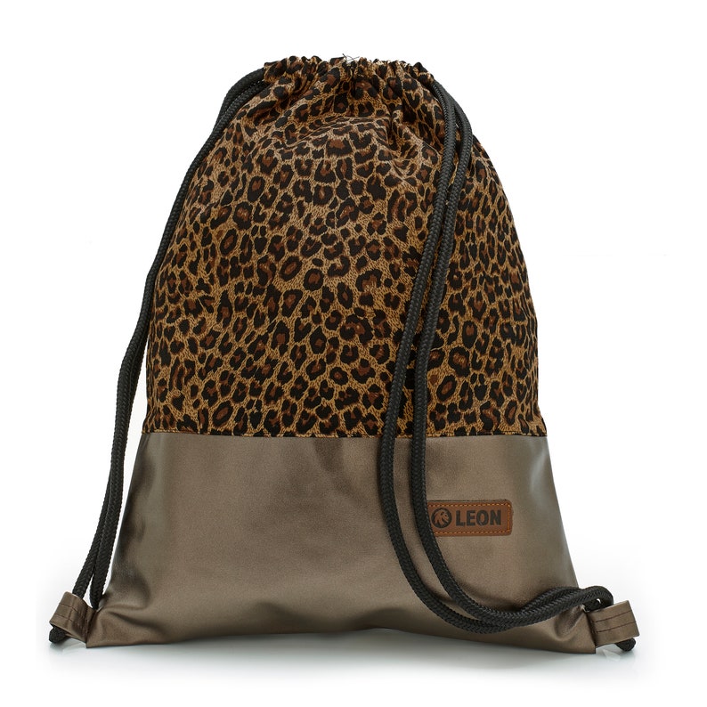 B-WARE 60% off LEON Tasche Damen Turnbeutel Rucksack Tagesrucksack Baumwolle gym bag Design Leopard Kupferboden Bild 6