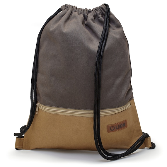 LEON by Bers Bag Gym Bag Backpack Sports Bag Cotton Paper Coating gym bag Width 34 cm Height 45 cm Zipper CanvasGrey