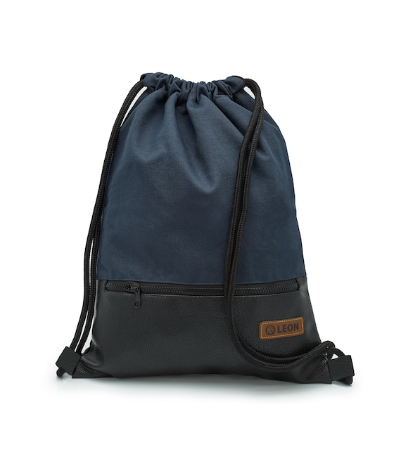 LEON by Bers Bag Drawstring Backpack Daily Bag Cotton Gym Bag Approx. 34 cm x 45 cm Zippered Pocket, Canvas Blue PU Bottom SW