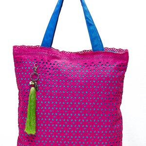 LEONs Die Schöne Tasche Einkaufstasche Beuteltasche Stofftasche Shopper Tote Bag Baumwolle Reißverschluss Innentaschen Velour Henkel Pink