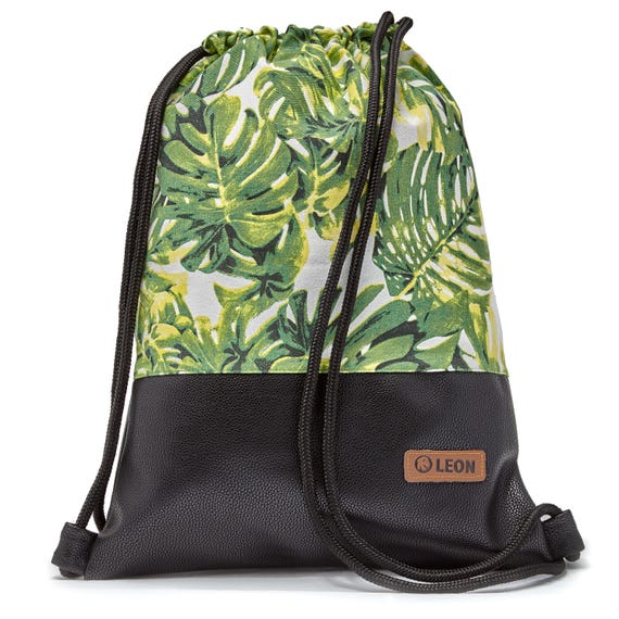 LEON by Bers Bag Drawstring Backpack Daypack Cotton gym bag Width 34 cm Height 45 cm Fabric Philodendron, Black faux leather base