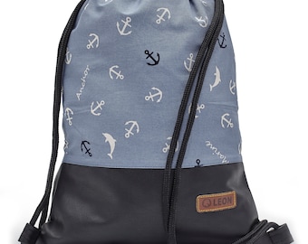 LEON by Bers Bolsa de deporte Mochila Mochila de algodón Bolsa de deporte Ancho 34 cm, Alto 45 cm, diseño Ancla marítima Fondo de PU negro