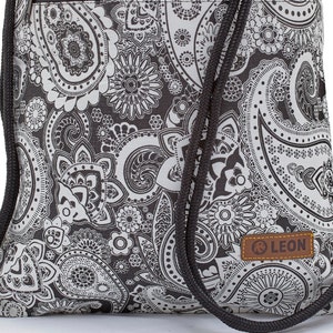 LEON by Bers bag gym bag backpack daypack cotton gymbag 34 cm x 45 cm black and white floral pattern, Paisley_SW Black bottom part image 2