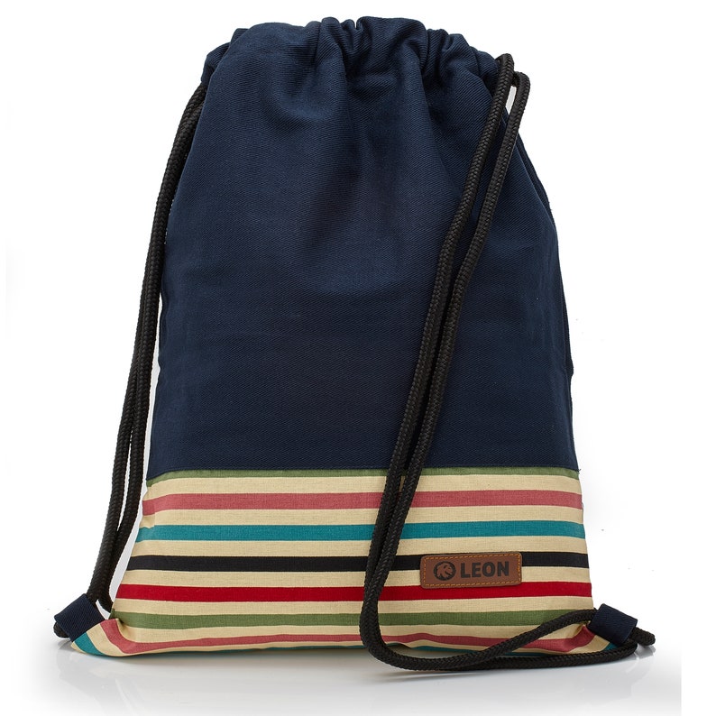 LEON by Bers bag gym bag backpack daypack made of cotton gym bag, canvas black, gray, pink, brown, dark blue bottom striped Blue