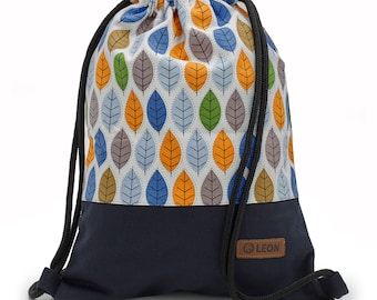 LEON by Bers  Tasche Turnbeutel Rucksack Tagesrucksack Baumwolle  gym bag Breite ca.34 cm Höhe ca.45 cm , Design Bunte Blätter