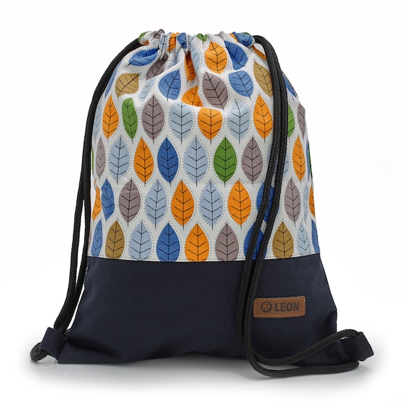 LEON by Bers bag gym bag backpack daypack cotton gym bag width approx.34 cm height approx.45 cm, design colorful leaves