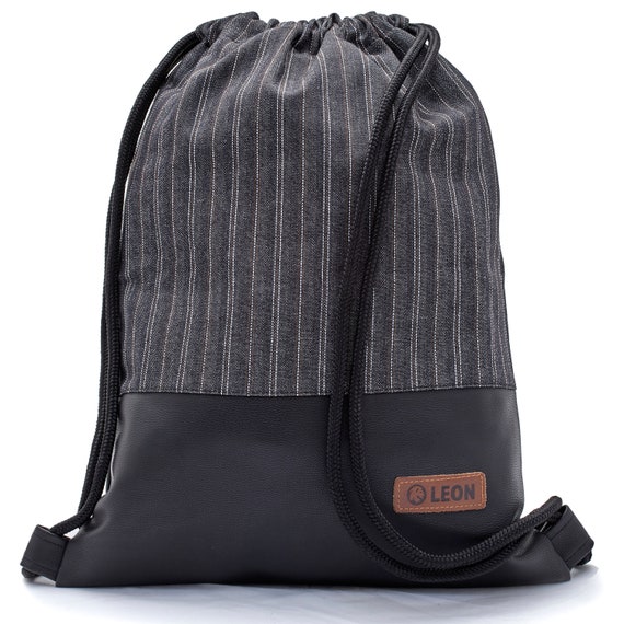 LEON by Bers bag gym bag backpack daily bag cotton gym bag width approx. 34 cm height approx. 45 cm, line pattern grey - black bottom