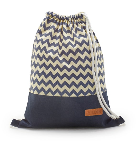 LEON by Bers Women's/Men's Drawstring Bag/Backpack/Sports Bag/Cotton Gym Bag, approx. 34 cm wide, approx. 45 cm high, Blue/White ZikZak Design
