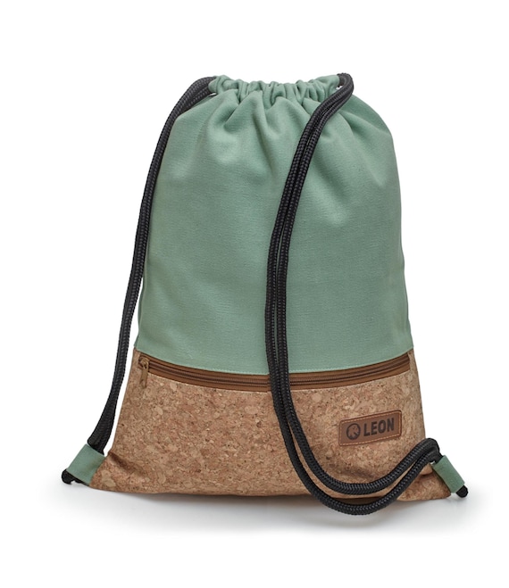 LEON by Bers drawstring bag, backpack, daily bag, cotton with cork coating, gym bag, approx. 34 cm wide, approx. 45 cm high, zipper.