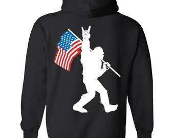 Funny Bigfoot Rock and Roll USA Flag for Sasquatch Believers Back Print Pullover Hoodie