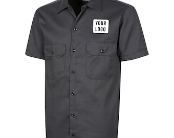 Op maat gemaakt werkshirt met korte mouwen, gepersonaliseerd monteursshirt, op maat bedrukt overhemd met knopen