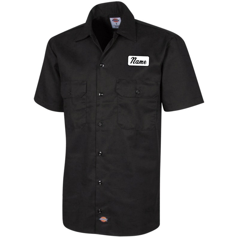 Chemise de travail à manches courtes pour homme avec plaque personnalisée, chemise boutonnée pour mécanicien personnalisée, cadeau motard pour lui Black