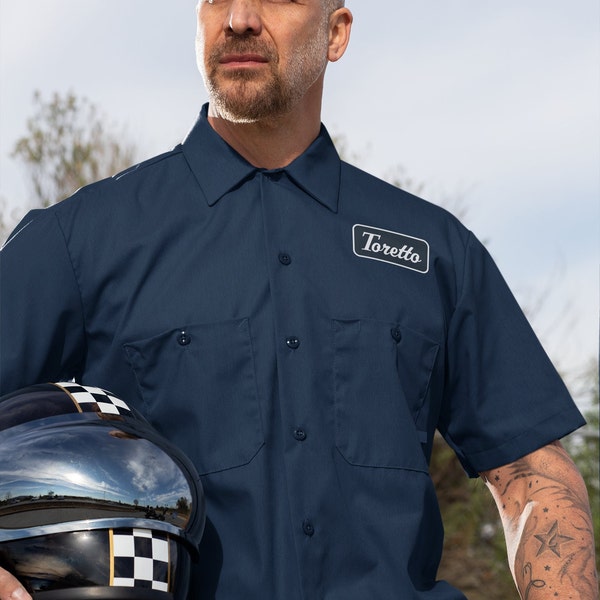 Men's Mechanic Toretto Short Sleeve Workshirt, Mechanic Shirt for Halloween Costume, Button Up Work Shirt for Car Mechanics, Name Tag