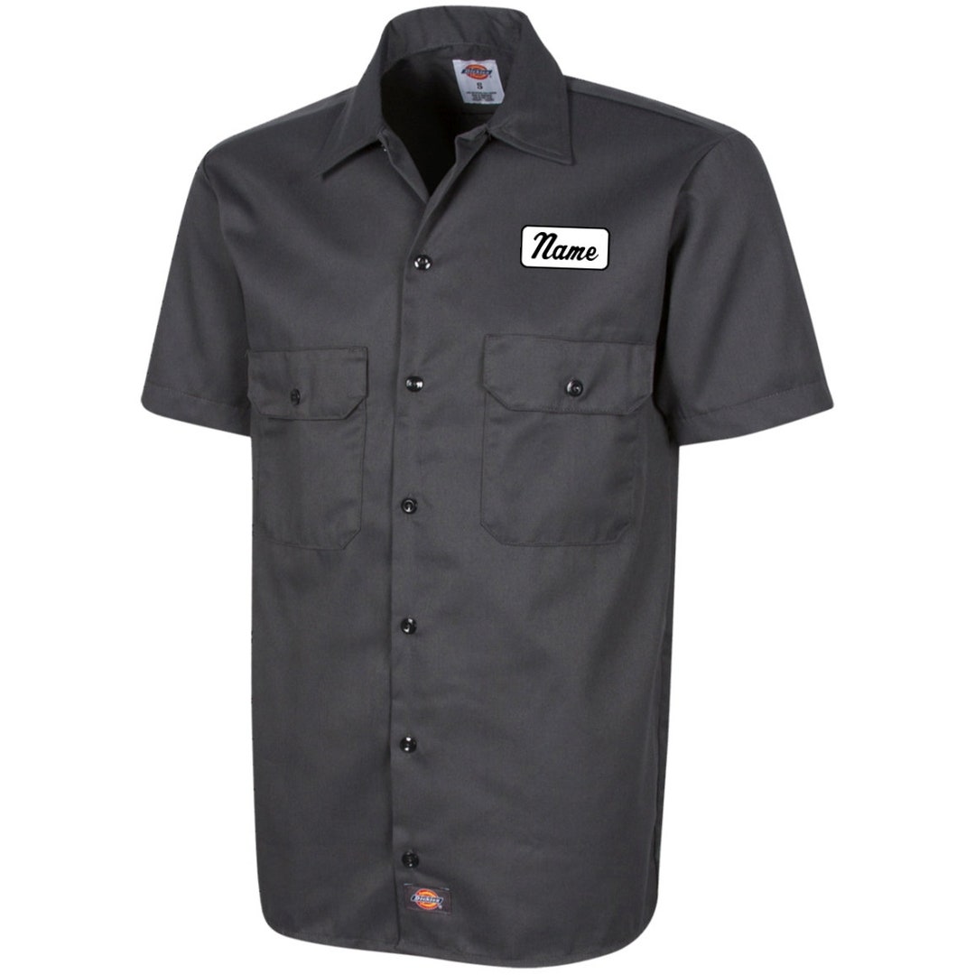 Custom Name Tag Men's Short Sleeve Workshirt, Custom Mechanic Button