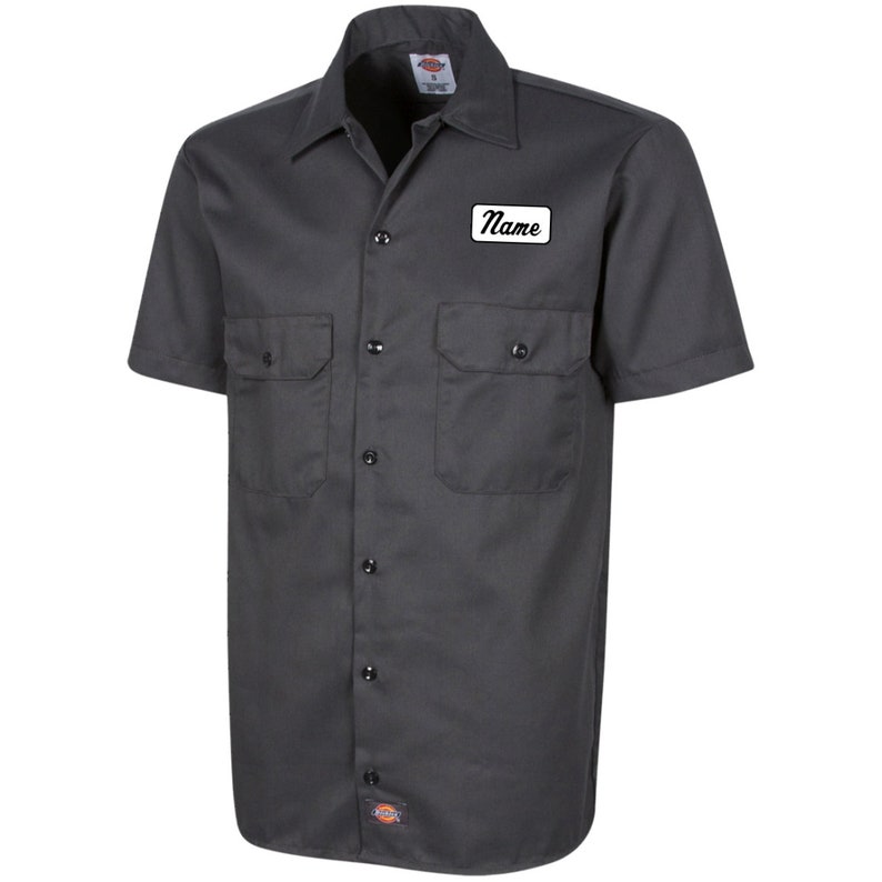 Chemise de travail à manches courtes pour homme avec plaque personnalisée, chemise boutonnée pour mécanicien personnalisée, cadeau motard pour lui Charcoal