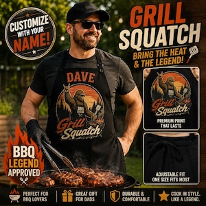 Personalized Bigfoot BBQ Apron, Custom Grill Squatch Apron, Funny Grilling Gift for Dad, BBQ Apron for Men, Sasquatch Cookout Gift
