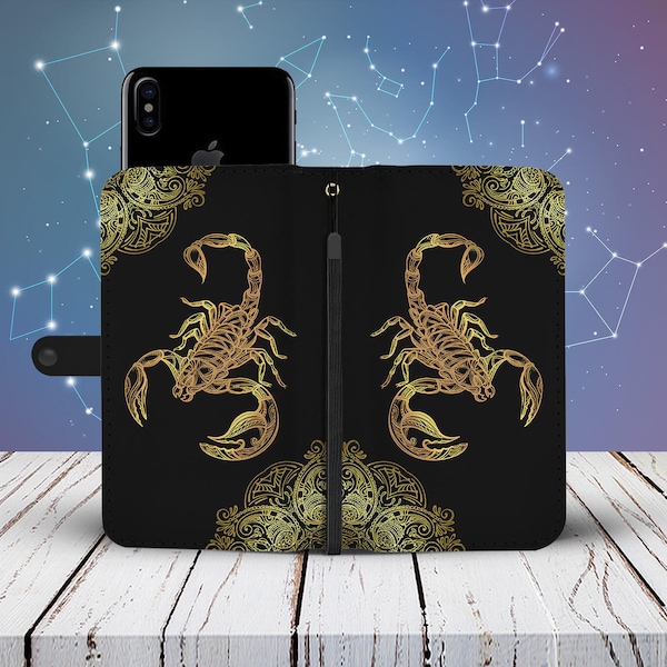 Scorpio Zodiac Phone Wallet Case, Scorpion Lover Gift Idea, Smartphone Card Case iPhone Samsung HTC Motorola LG Google Pixel Huawei Xiaomi