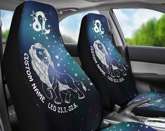 Personalized Leo Horoscope Zodiac Star Sign Car Seat Covers, Leo Front Car Cover Gift, Leo Custom Car Seats Print Set, Pair Of Covers