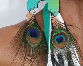 Unique leather feather earrings, Love Song earrings, Painted recycled leather earrings
