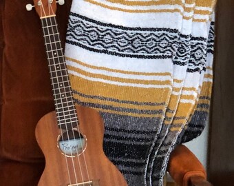Grey and Mustard Mayan Blanket - Cotton Mexican Blanket with stripe design and Tassels - Beautiful tribal Mexican Blanket from the Yucatan