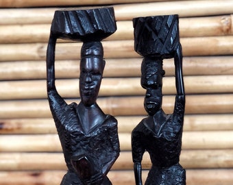 VINTAGE Hand Carved African Figurines, Set of 2 Kenyan Wood Art, African Decor, Bohemian Home Decor, Unique Gifts,