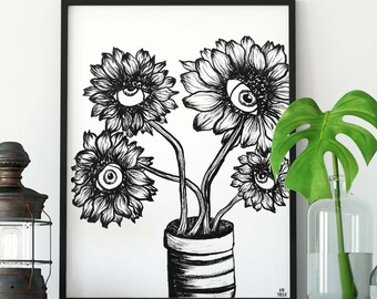 Seeing Eye Sunflowers Fine Art Print - Hand Painted Seeing Sunflowers Printed on High Quality Matte - 5x7 8x10 11x14 16x20 - Unique Gift