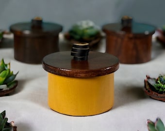 Handcrafted Wooden Cannister with Lid and Leather Pull  - Unique Trinket Bowl - Artisan Jewelry Box - Genuine Wood and Leather - Ring Dish