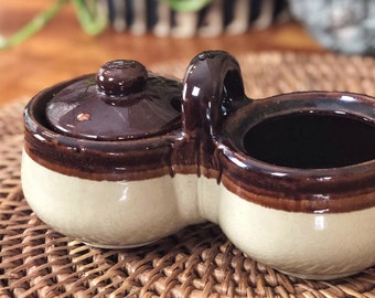 Porte-crème à sucre vintage avec couvercle - Ensemble de sucre crémier en céramique émaillée brune - Idée cadeau unique - Serveurs de cuisine vintage