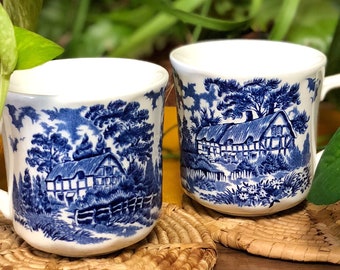 Vintage JG Meakin "Romantic England" Tea Cups - Set of 2 J&G Meakin Blue and White Tea Cups - Ceramic English Tea Cups