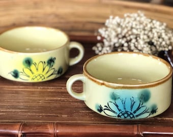 1970's Vintage Flower Mugs - Set of 2 Ceramic Flower Mugs Made in Korea - Yellow Daisy Mugs with Handles - 14 oz Korean Coffee Mugs
