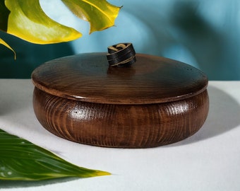 Handcrafted Wooden Bowl with Lid and Leather Pull  - Unique Trinket Bowl - Artisan Gift - Genuine Wood and Leather Jewelry Box