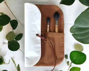 HANDMADE Artist Roll - One-Of-A-Kind Cotton Fabric Organizer Roll for Brushes - Beige and Copper Artist Organizer Roll -Unique Gift