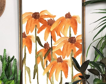 Watercolor Coneflowers Art Print - Orange Coneflower Painting Printed on Linen Paper - 5x7 8x10 11x14 - Flower Wall Art - Unique Gift