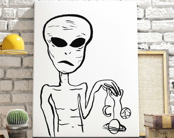 Outer Space Alien Art Print - Hand Painted Alien and Planets Printed on Matte Paper - 5x7 8x10 11x14 16x20