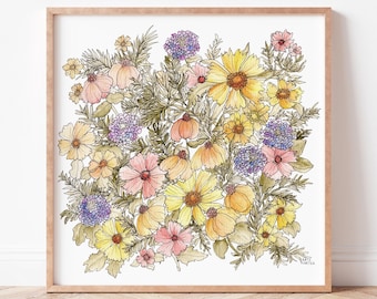 Dream Garden by Kate Yarter- Original Watercolor Illustration Printed on Linen Paper - 5x5 6x6 8x8 10x10 11x11- Wildflower Bouquet Wall Art