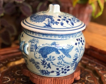 Vintage Ceramic Jar with Lid - Blue Koi Fish Ceramic Canister with Lid - Unique Gift Idea