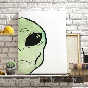 WATERCOLOR Alien Art Print - Hand Painted Green Alien Printed on Linen Paper - 5x7 8x10 11x14 - Unique Gift Idea
