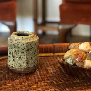 Vintage Handmade Stone Vase - Sage Green and Brown Speckled Pottery Vase - Unique Pencil Holder - Gift Idea