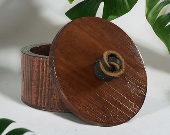 Handcrafted Wooden Cannister with Lid and Leather Pull  - Unique Trinket Bowl - Artisan Jewelry Box - Genuine Wood and Leather - Ring Dish